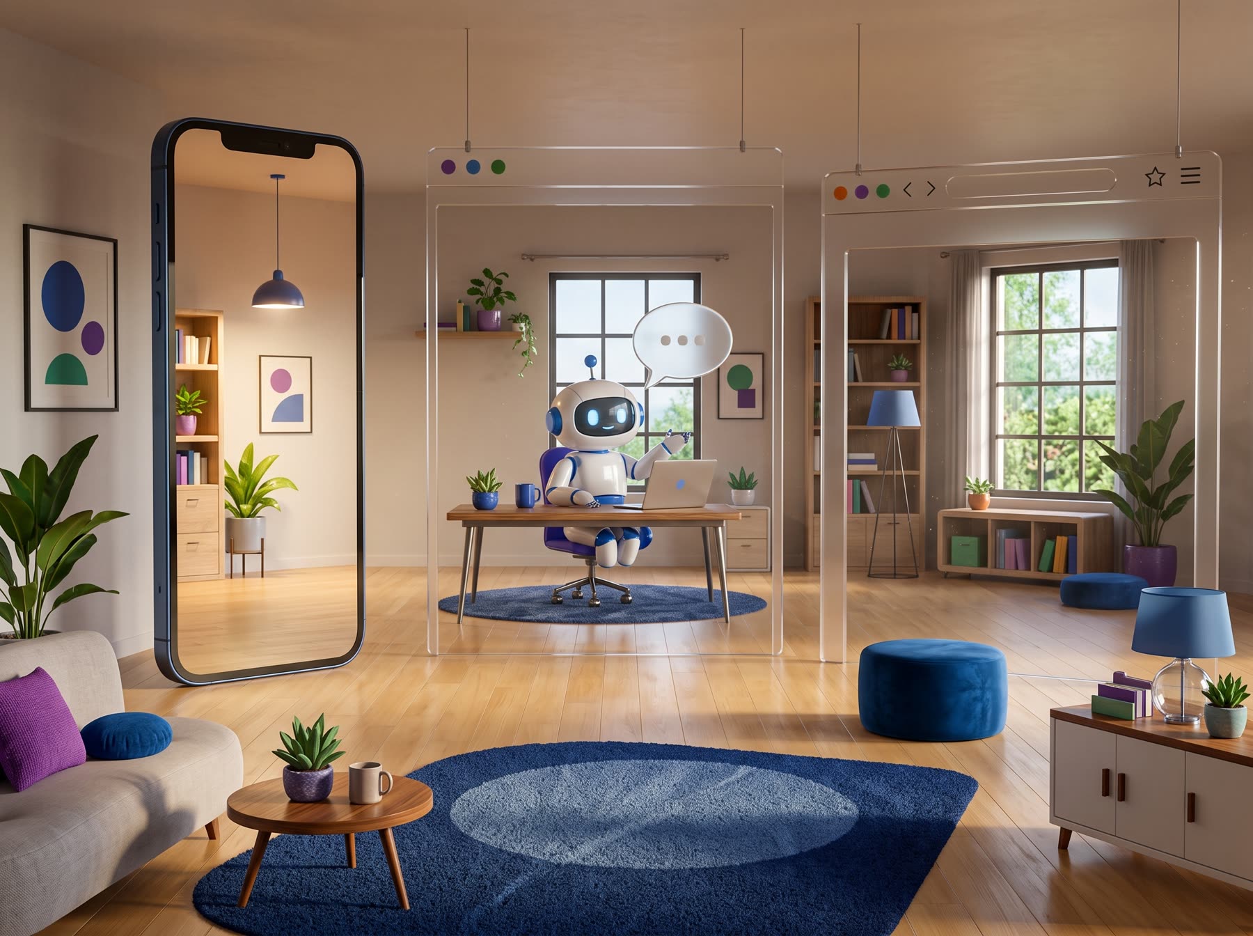 A living room with three doorways shaped like a phone, an app window and a browser, all opening onto the same robot at its desk