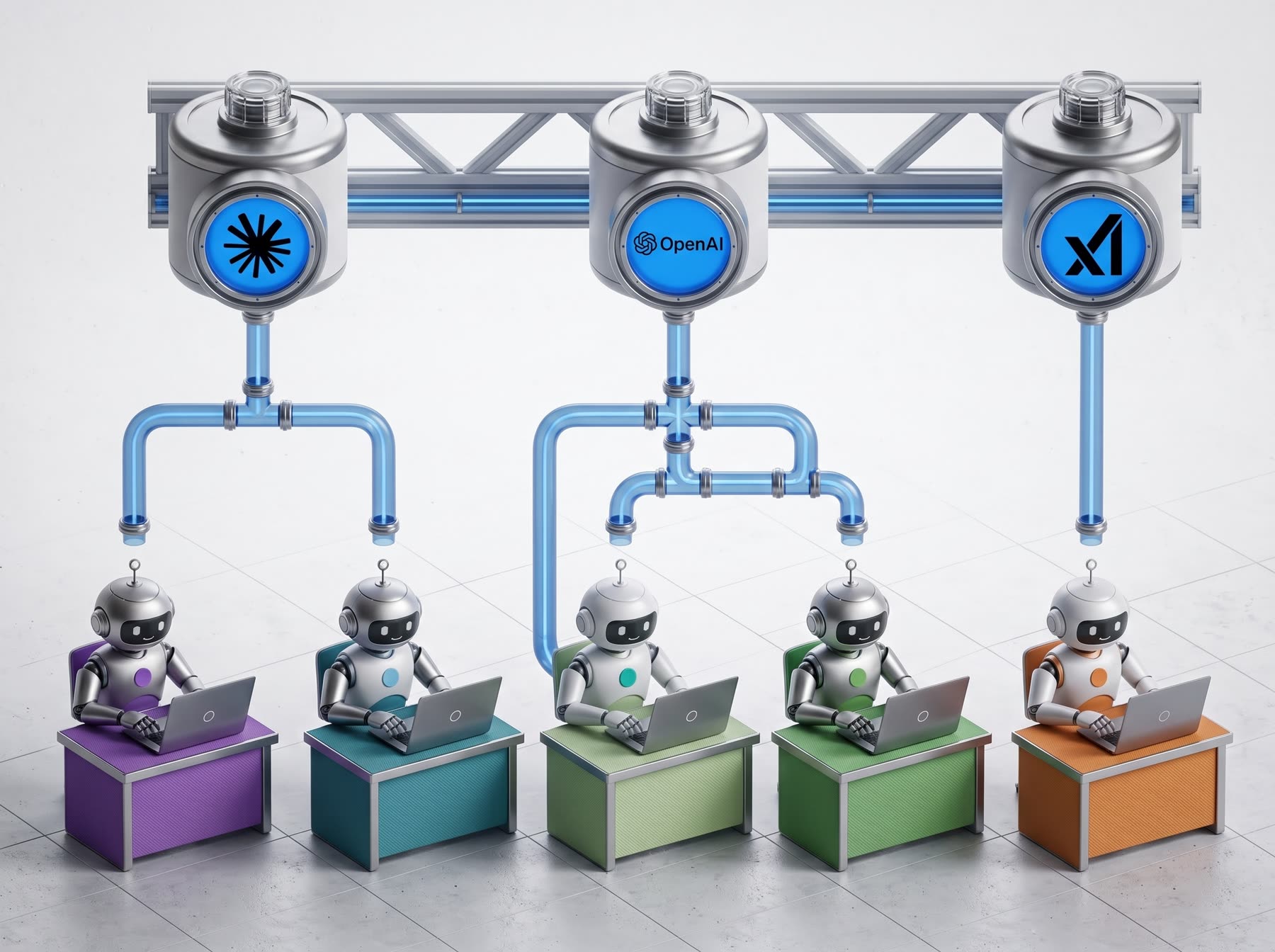 Three subscription tanks, Claude, OpenAI and xAI, piping fuel down to five robots working at their own desks