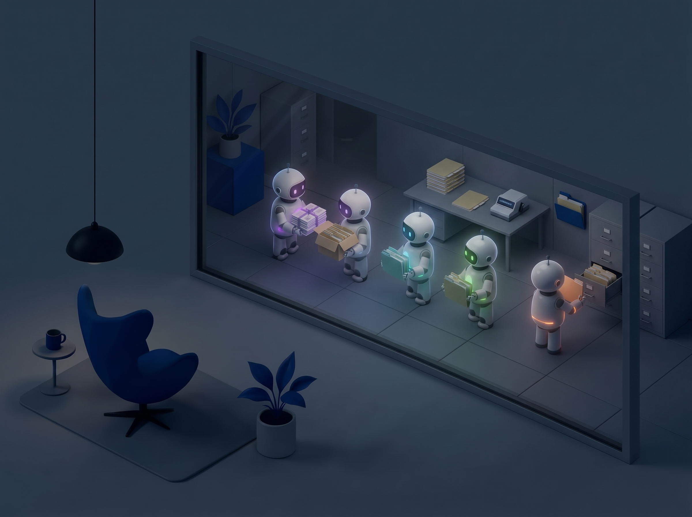 Five small robots working late in a lit glass office seen from a dark lounge, passing files and a bundle of notes down the line, each lit by its own colour