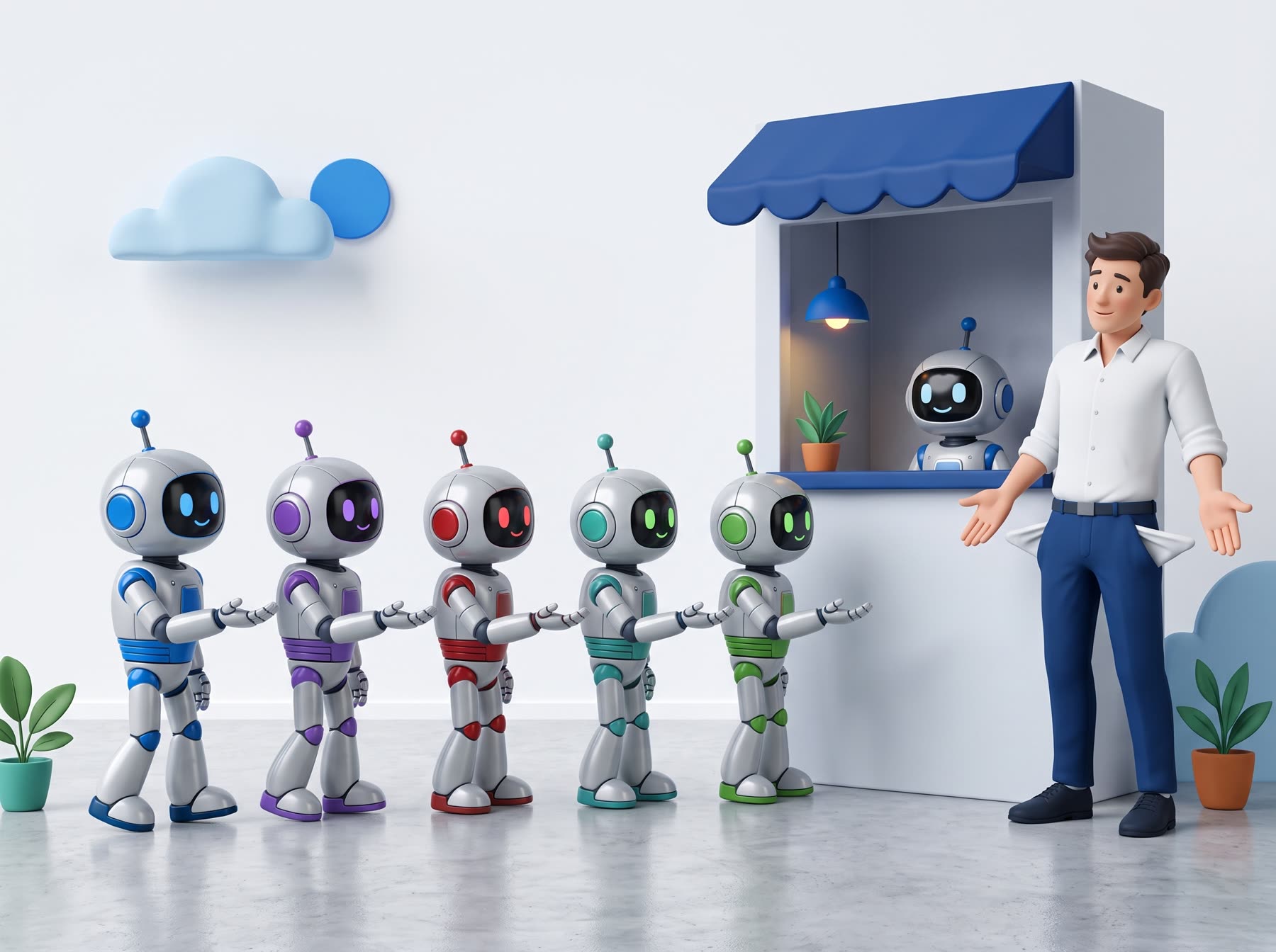 Five small robots queue with open hands at a pay window where a tiny agent sits, while the owner beside it turns out empty pockets